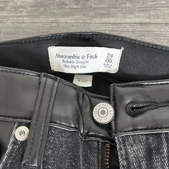 Abercrombie Ankle Straight High Rise Black Jean &amp; Leather Sz 24L Curve Love