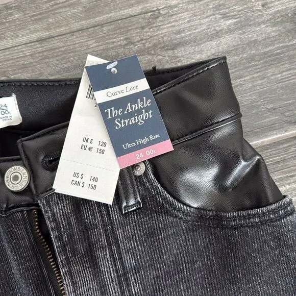 Abercrombie Ankle Straight High Rise Black Jean &amp; Leather Sz 24L Curve Love