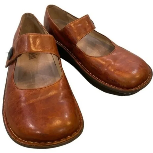Alegria Paloma Mary Jane Cognac Brown Velcro Strap Adjustable Clogs Size 9