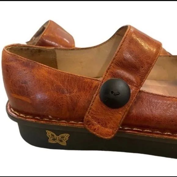 Alegria Paloma Mary Jane Cognac Brown Velcro Strap Adjustable Clogs Size 9
