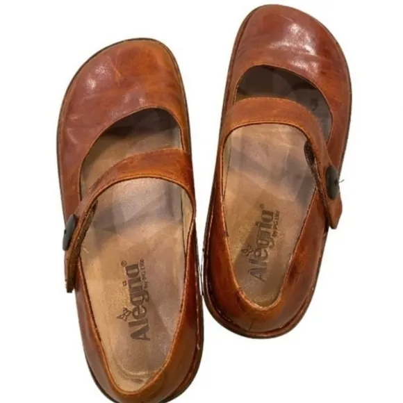 Alegria Paloma Mary Jane Cognac Brown Velcro Strap Adjustable Clogs Size 9