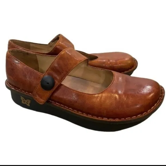 Alegria Paloma Mary Jane Cognac Brown Velcro Strap Adjustable Clogs Size 9