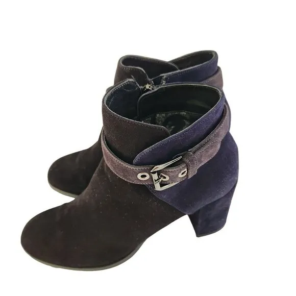 Aquatalia Black Navy Suede Block Heel Buckle Detail Ankle Boots Size 7