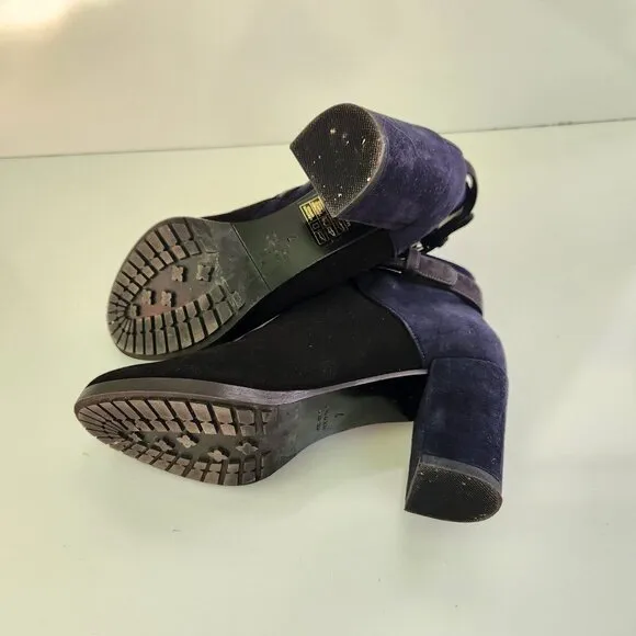 Aquatalia Black Navy Suede Block Heel Buckle Detail Ankle Boots Size 7