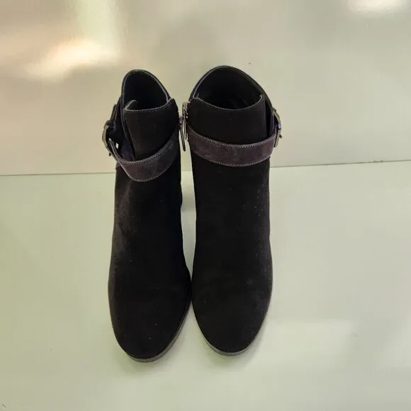 Aquatalia Black Navy Suede Block Heel Buckle Detail Ankle Boots Size 7