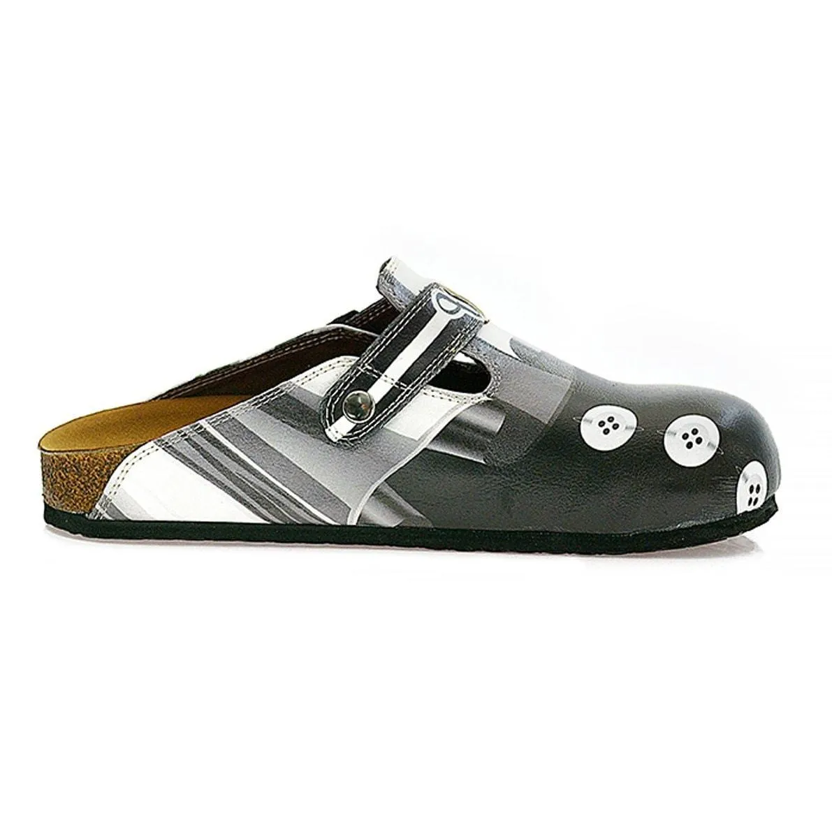 Black, Grey, White Straight Striped, Black Button Patterned Clogs - WCAL327