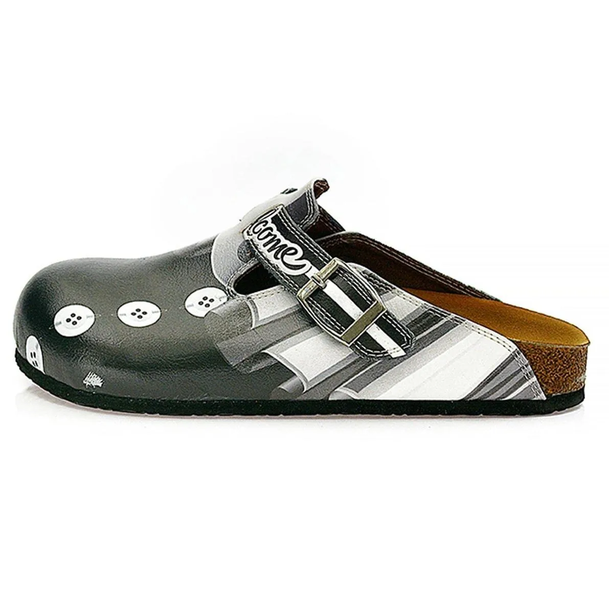 Black, Grey, White Straight Striped, Black Button Patterned Clogs - WCAL327