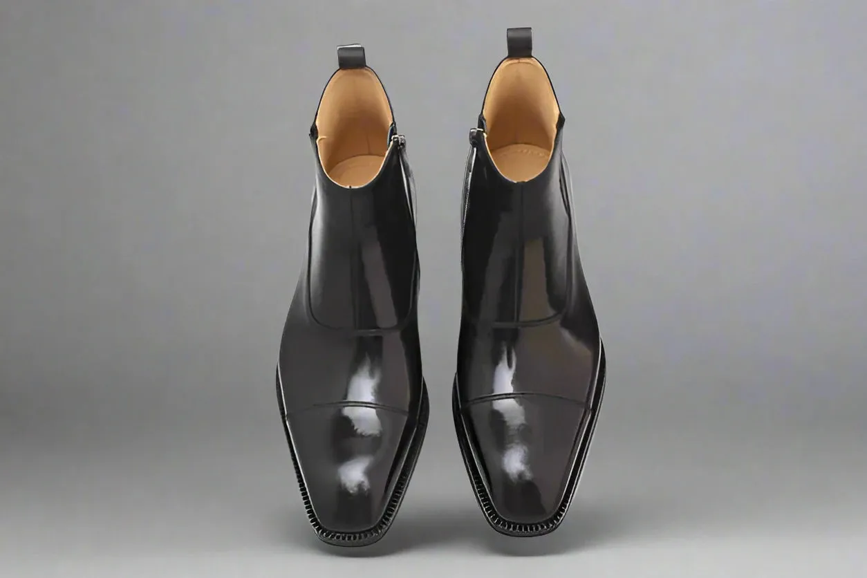 Black Italian Leather Toe Cap Side-Zip Ankle Boots - Chelsea Boots