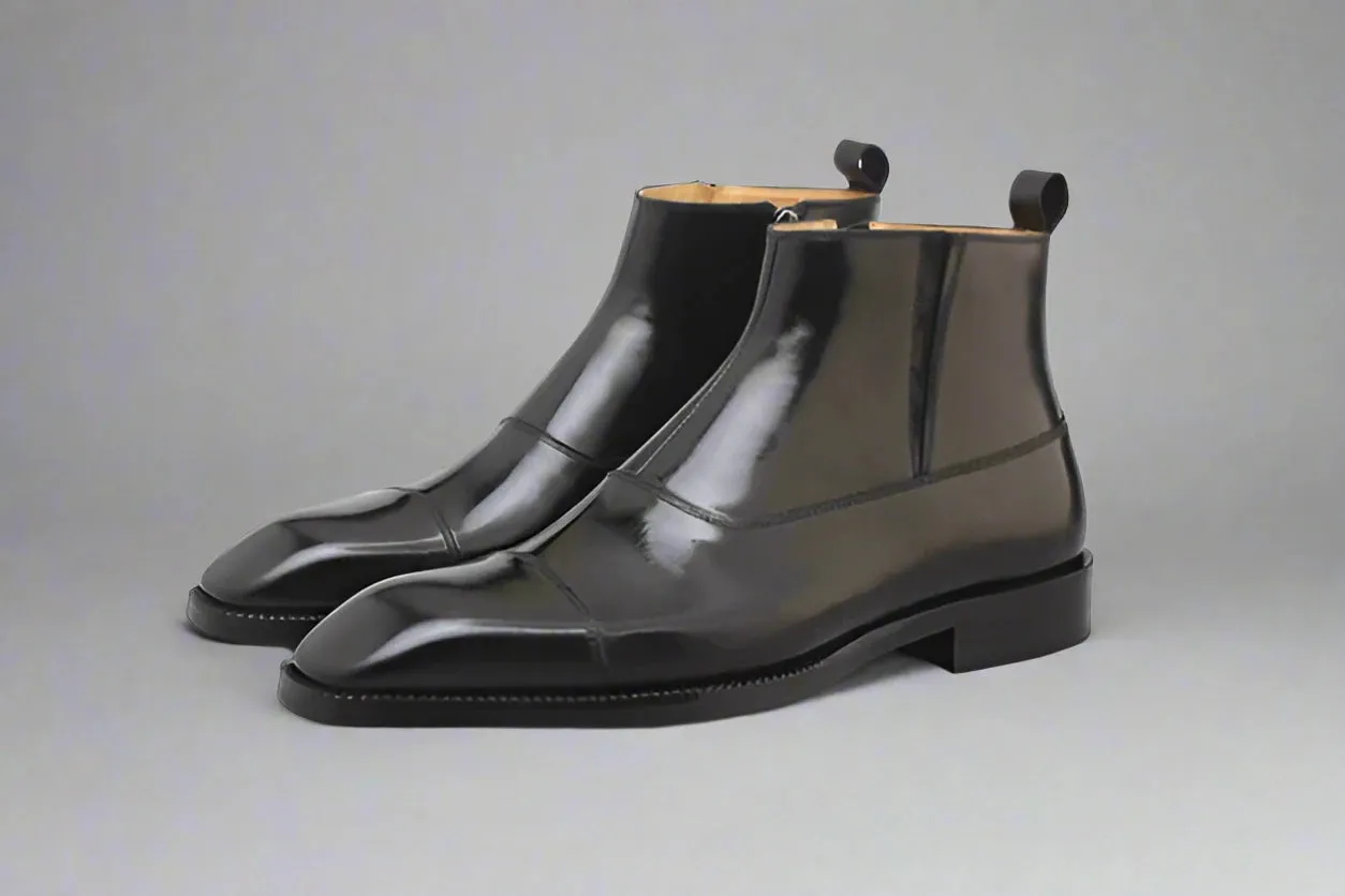 Black Italian Leather Toe Cap Side-Zip Ankle Boots - Chelsea Boots