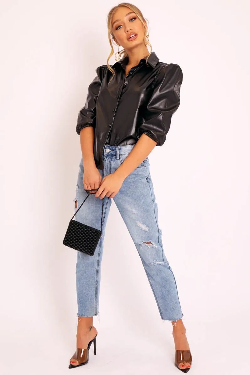 Black PU leather 3/4 Puff Sleeve Shirt - Pyper