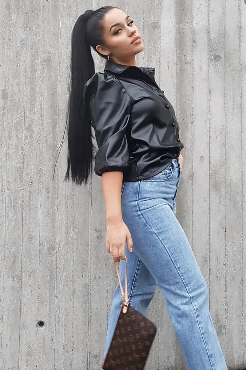Black PU leather 3/4 Puff Sleeve Shirt - Pyper