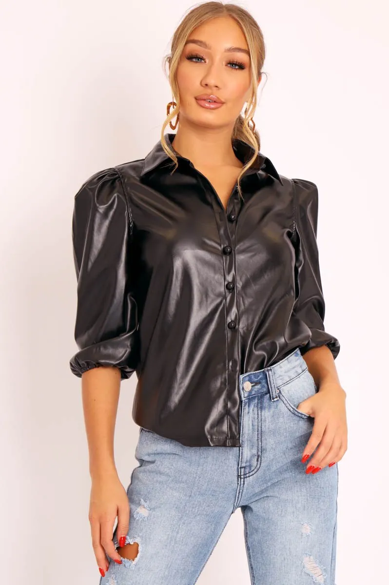 Black PU leather 3/4 Puff Sleeve Shirt - Pyper