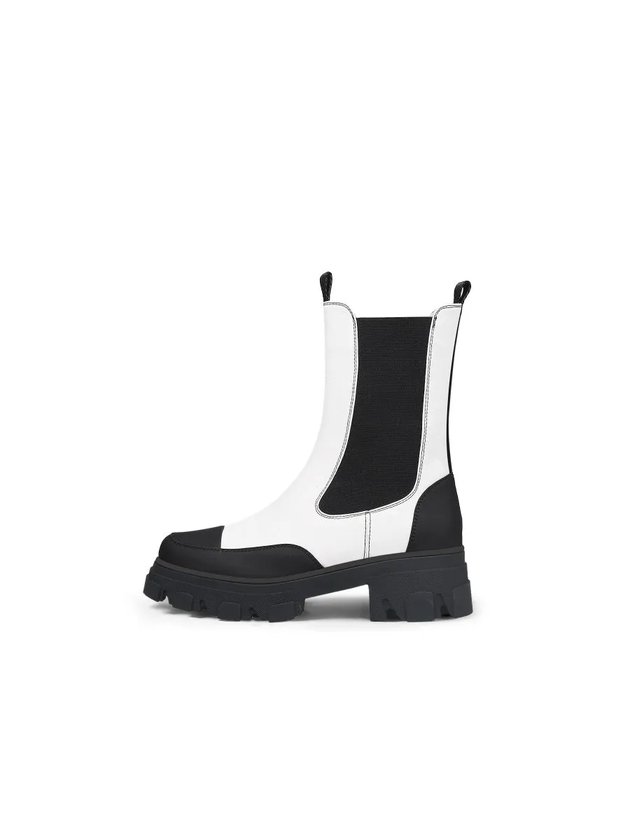 Block Heel Mid-Length White Chelsea Leather Boot