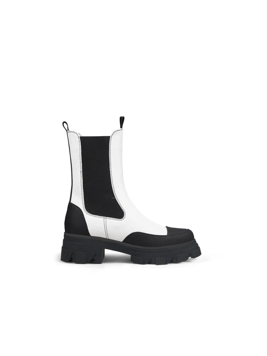 Block Heel Mid-Length White Chelsea Leather Boot