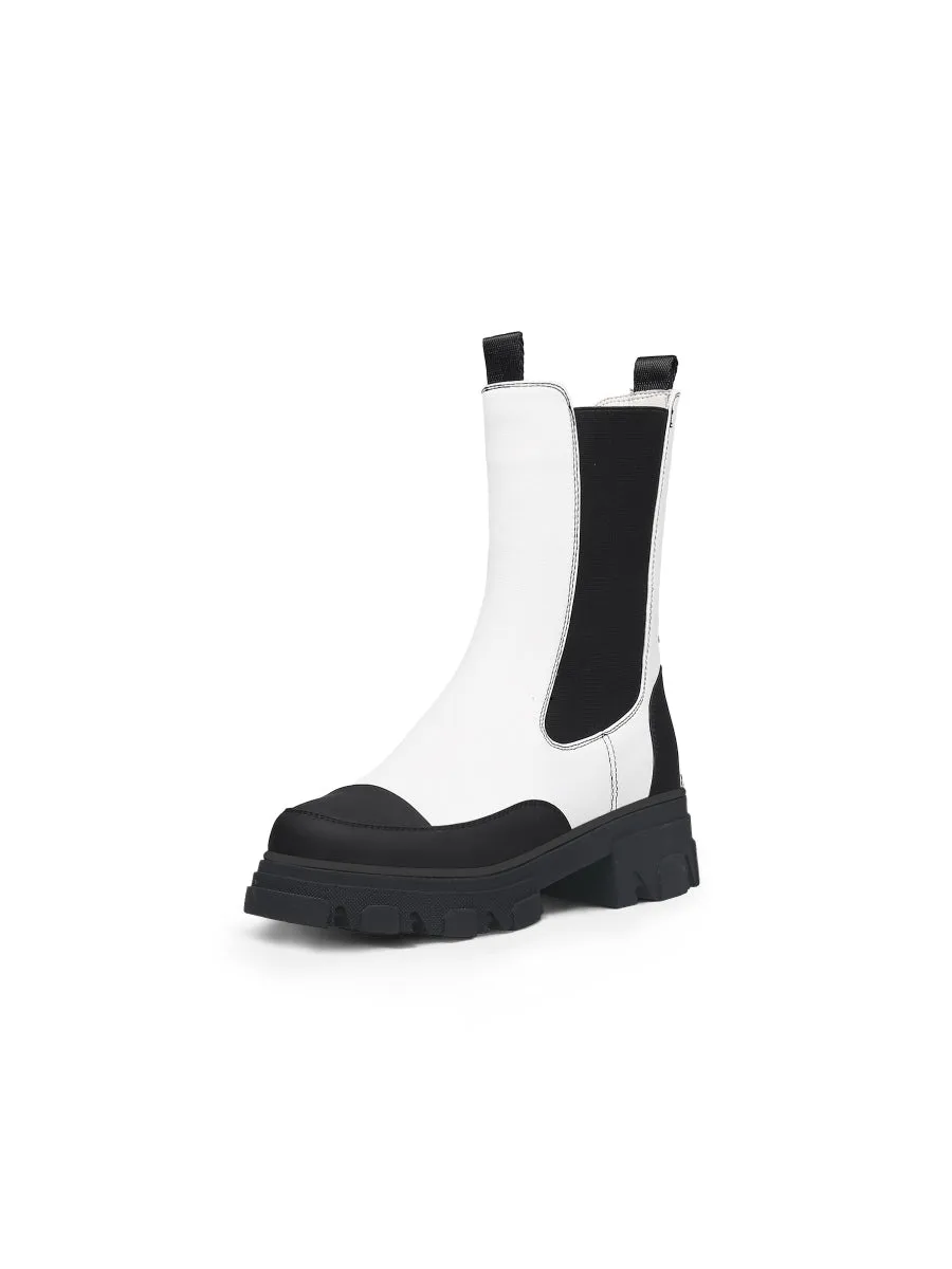 Block Heel Mid-Length White Chelsea Leather Boot