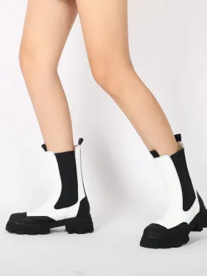 Block Heel Mid-Length White Chelsea Leather Boot