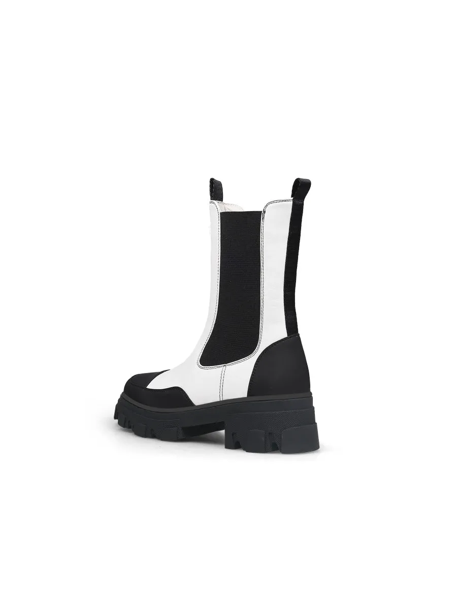 Block Heel Mid-Length White Chelsea Leather Boot