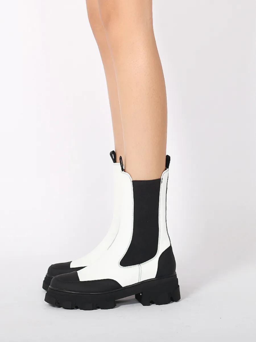 Block Heel Mid-Length White Chelsea Leather Boot