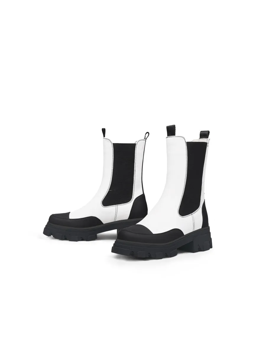 Block Heel Mid-Length White Chelsea Leather Boot