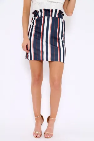 Blue Stripe Paper Bag Ruffle Hem Mini Skirt - Lynzie