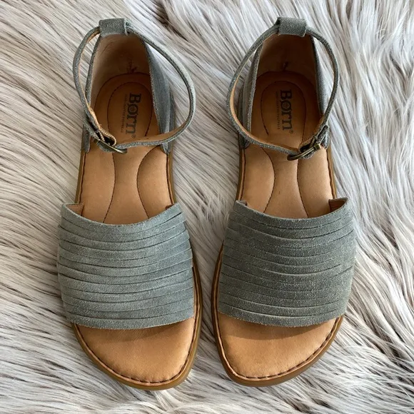 Born Margot Leather Sandals Gray Ankle Strap Suede Boho Womens Size 7