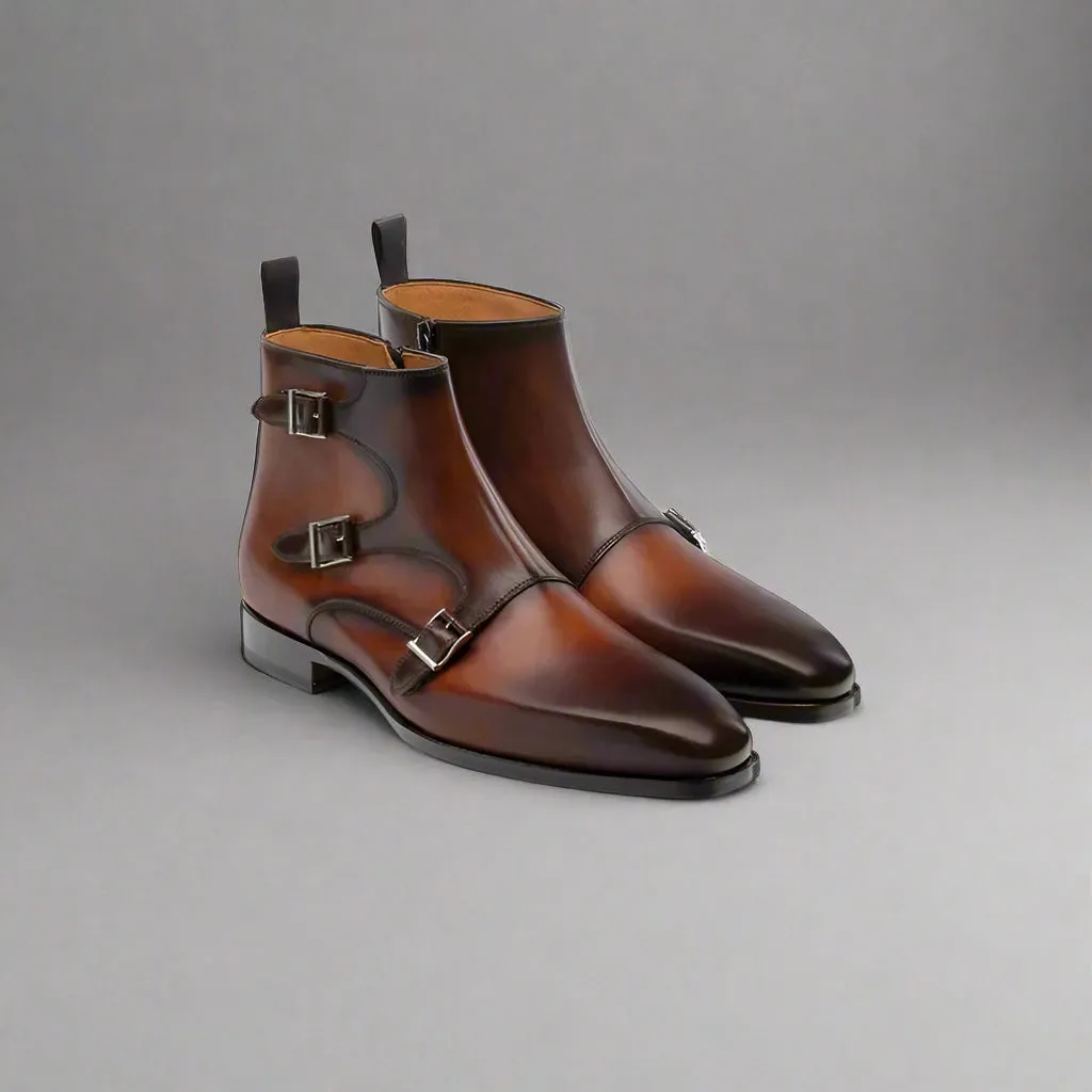 Brown Tan Italian Leather Triple Monkstrap Chelsea Boots Shoes With Zipper - Boots - Monk Shoes