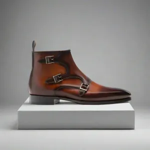 Brown Tan Italian Leather Triple Monkstrap Chelsea Boots Shoes With Zipper - Boots - Monk Shoes