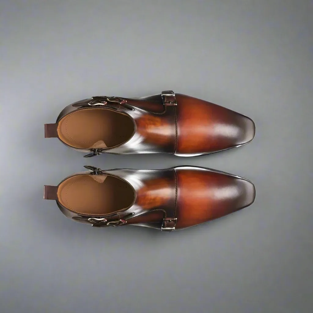 Brown Tan Italian Leather Triple Monkstrap Chelsea Boots Shoes With Zipper - Boots - Monk Shoes
