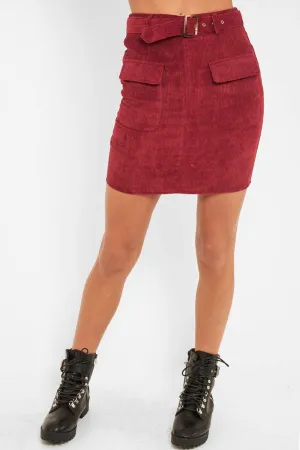 Burgundy Corduroy Belted Skirt - Alaysia