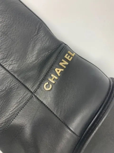 Chanel Black Calfskin CC Logo Size 37 Moto Boots