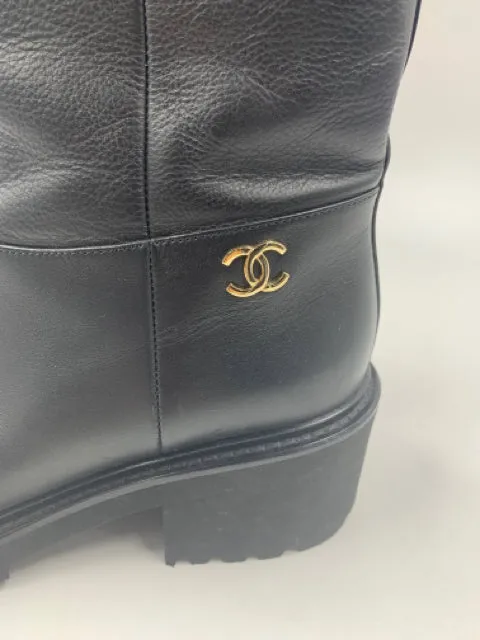 Chanel Black Calfskin CC Logo Size 37 Moto Boots