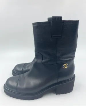 Chanel Black Calfskin CC Logo Size 37 Moto Boots