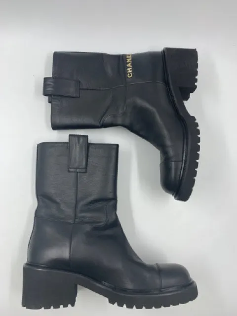 Chanel Black Calfskin CC Logo Size 37 Moto Boots