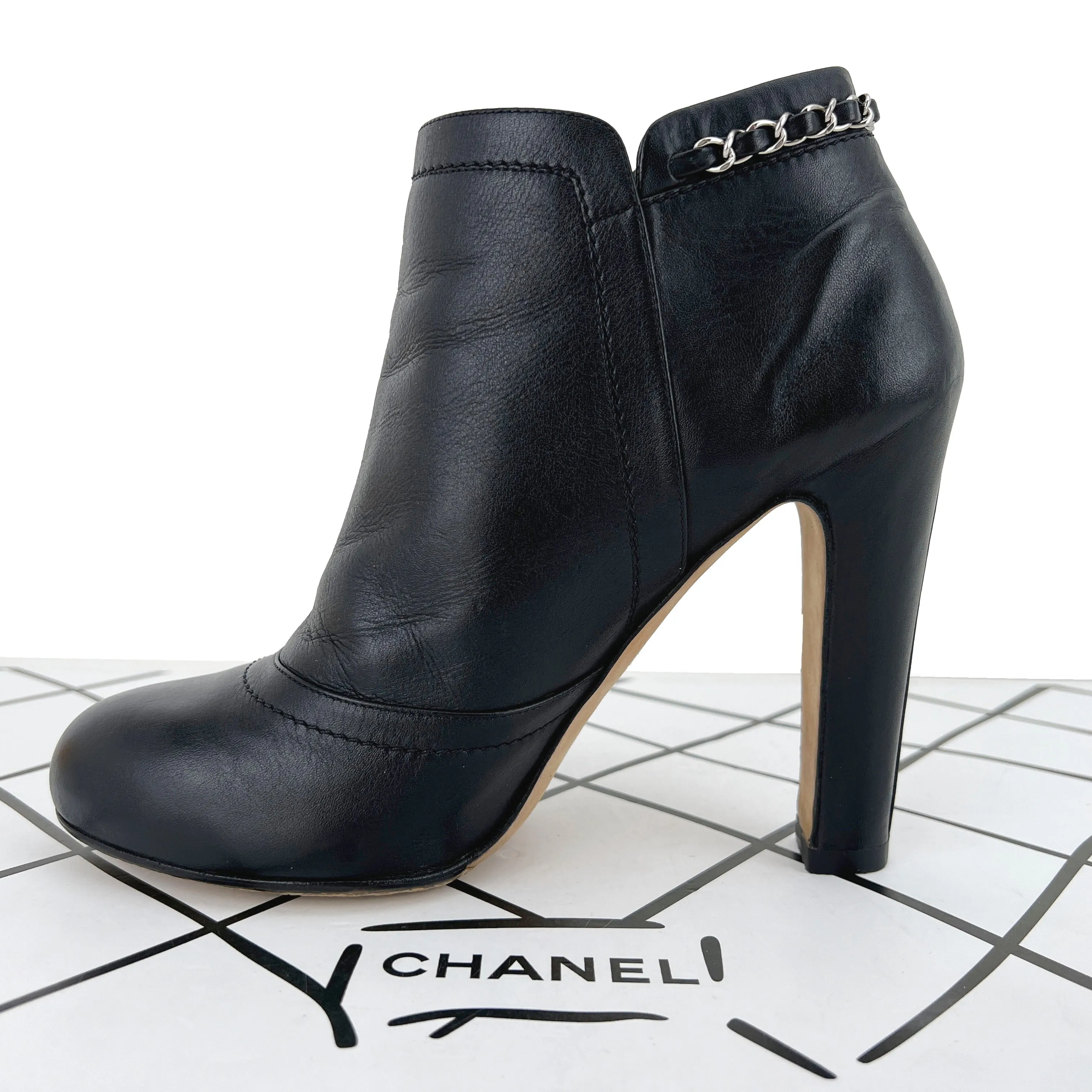 Chanel Lambskin Leather Chain Ankle Heel Boots in Black Size 41C
