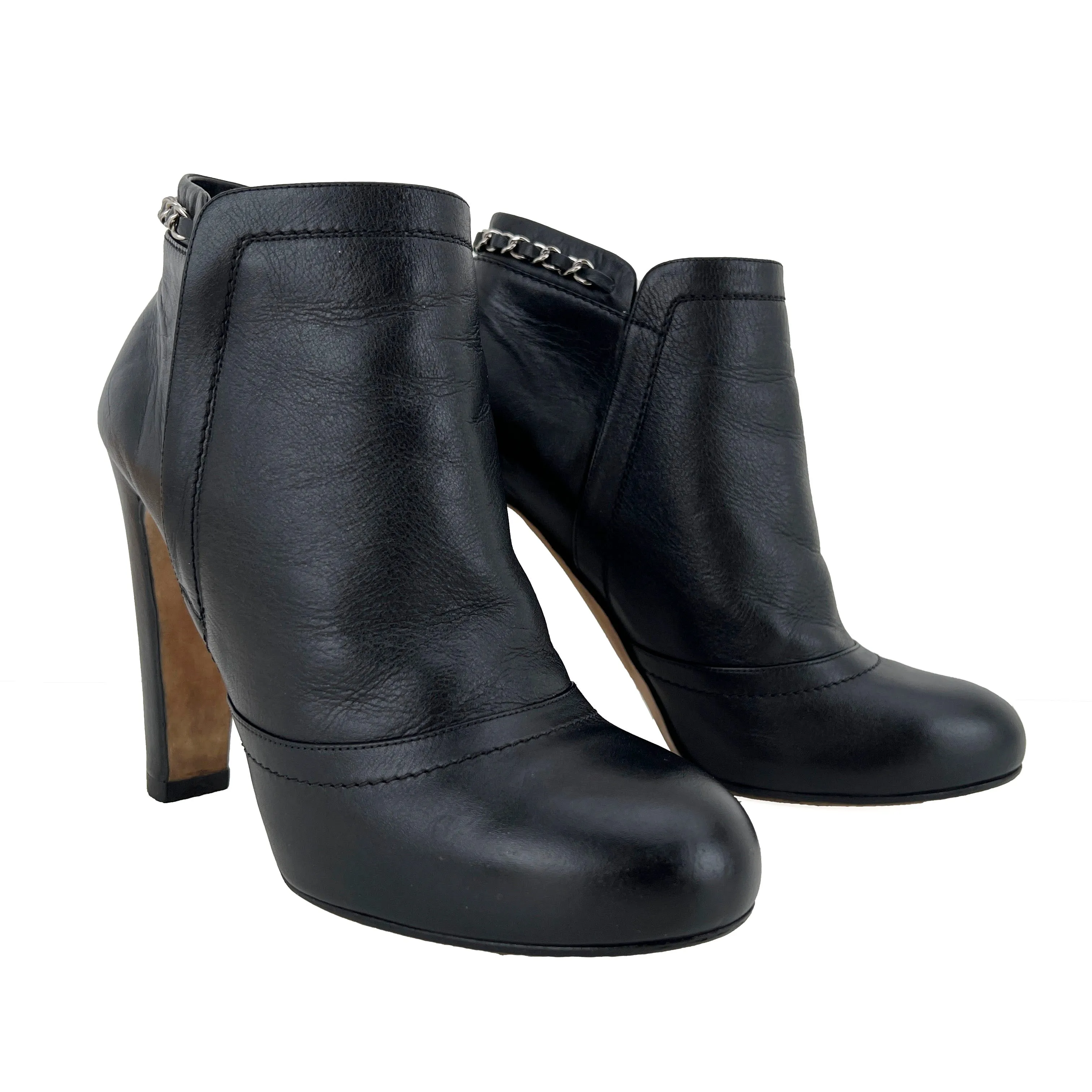 Chanel Lambskin Leather Chain Ankle Heel Boots in Black Size 41C