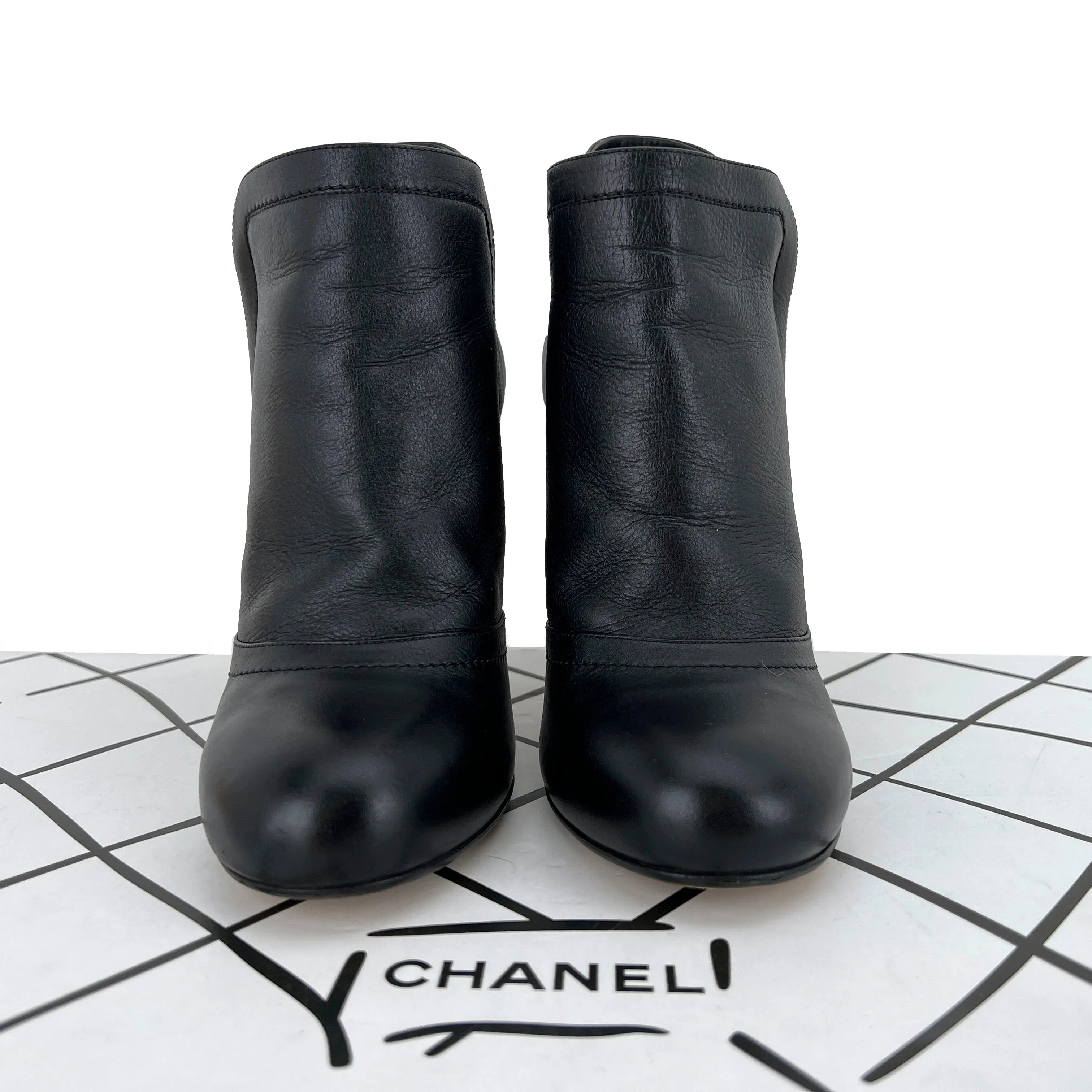 Chanel Lambskin Leather Chain Ankle Heel Boots in Black Size 41C