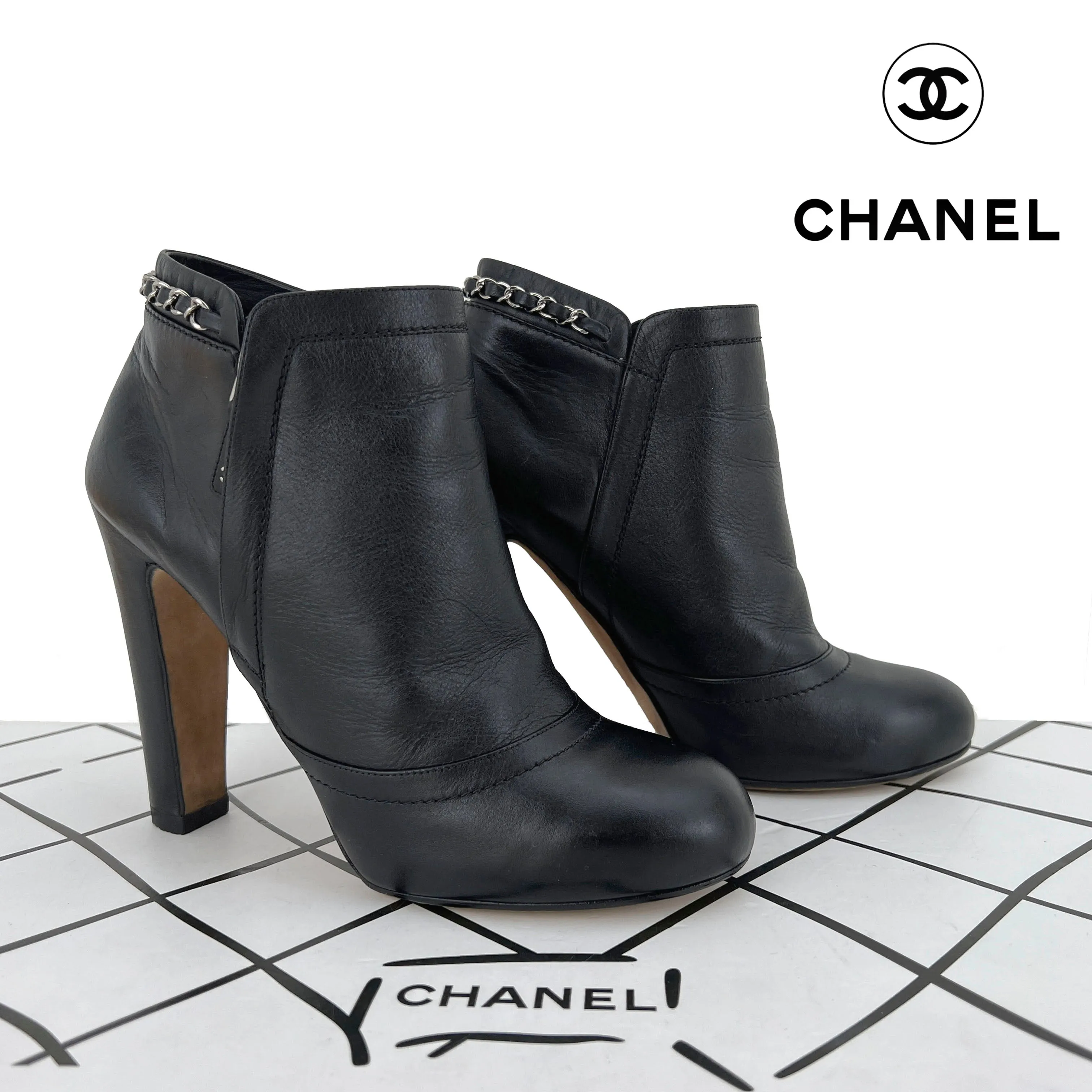 Chanel Lambskin Leather Chain Ankle Heel Boots in Black Size 41C