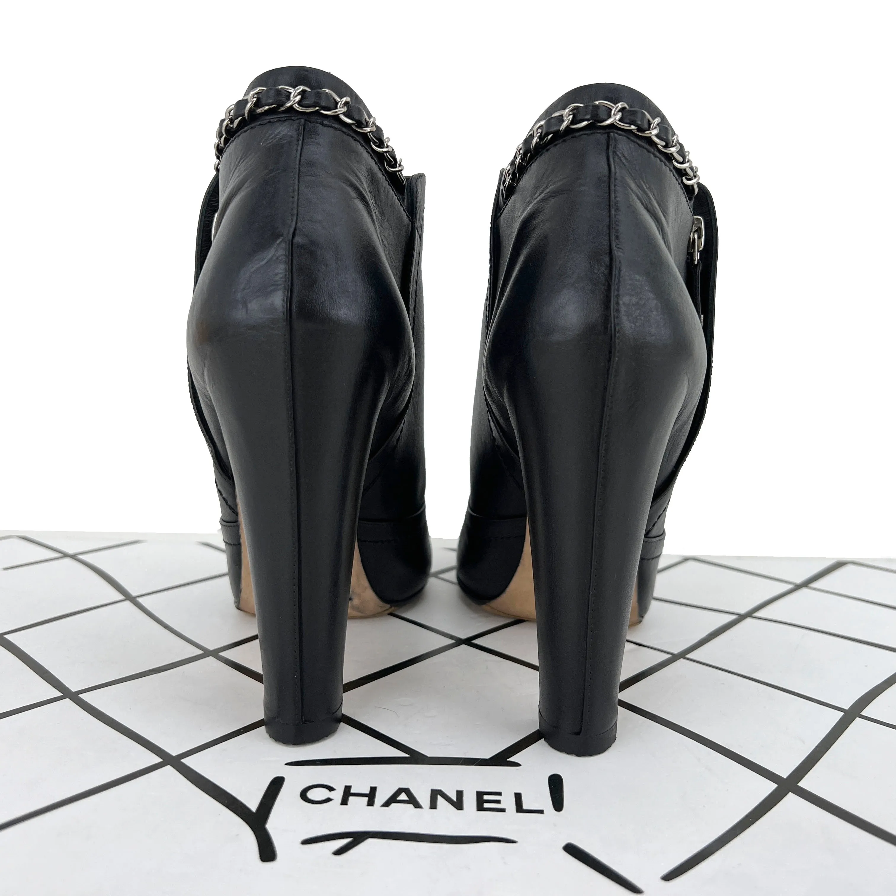 Chanel Lambskin Leather Chain Ankle Heel Boots in Black Size 41C