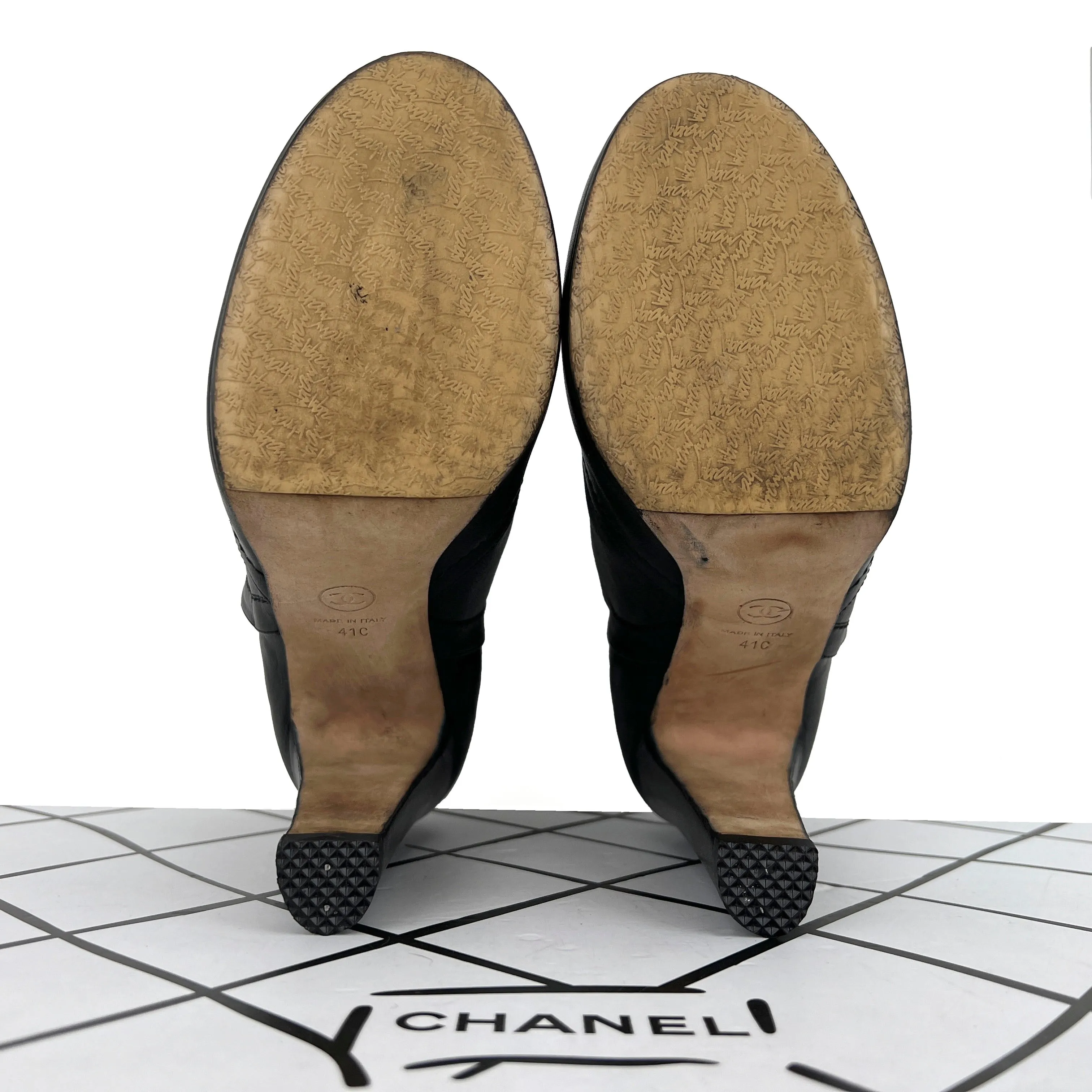 Chanel Lambskin Leather Chain Ankle Heel Boots in Black Size 41C