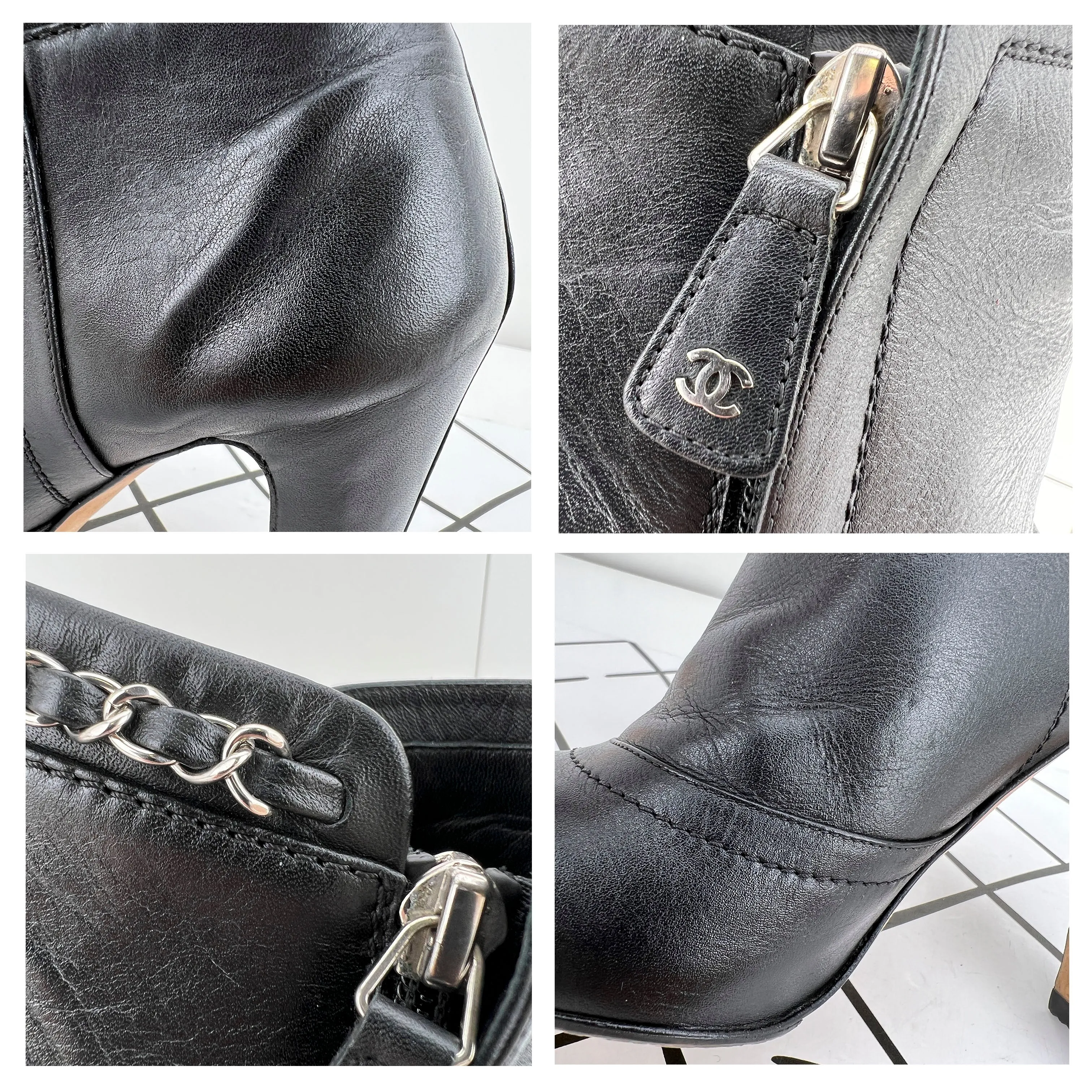 Chanel Lambskin Leather Chain Ankle Heel Boots in Black Size 41C