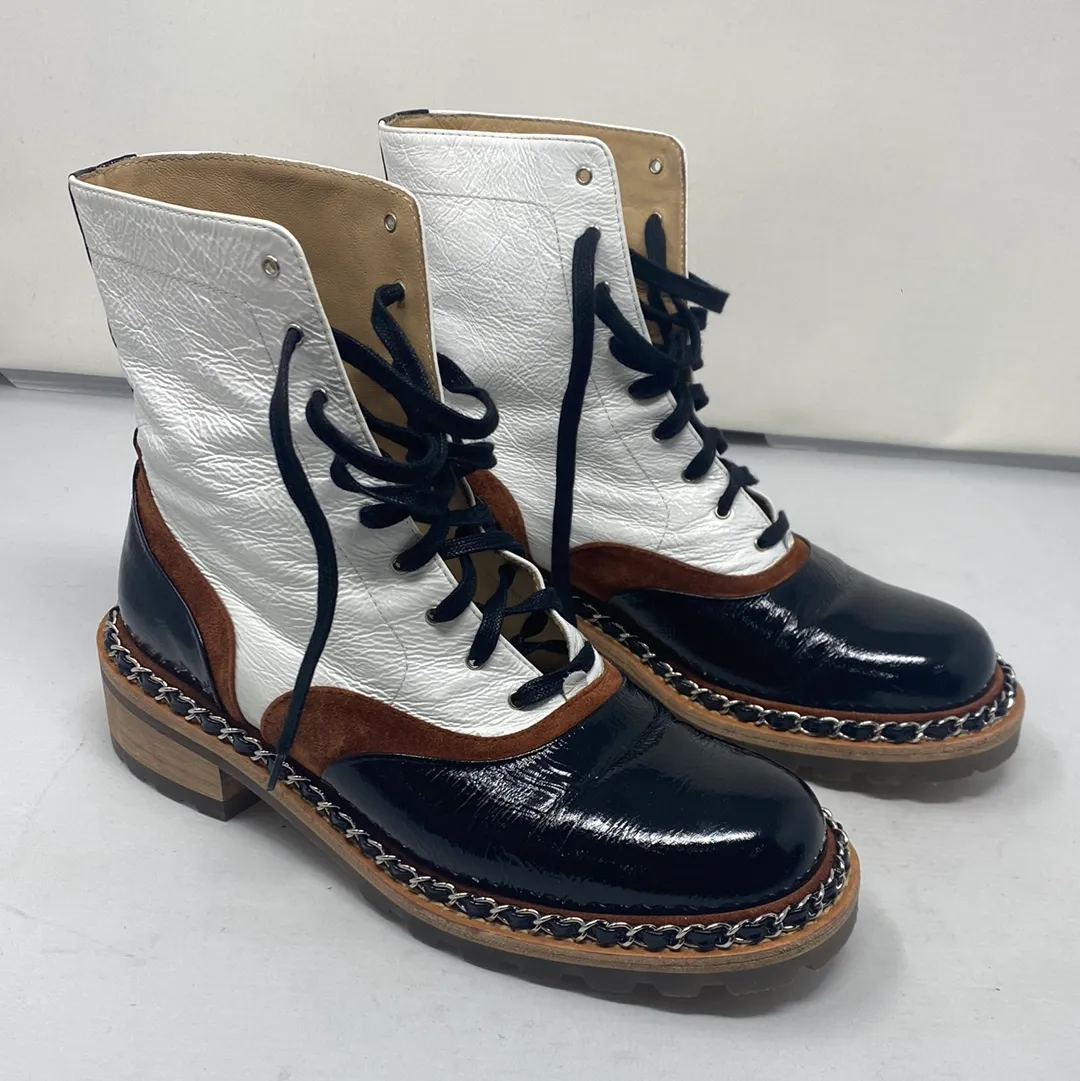 Chanel White Leather Brown & Black Chain Trim Boots
