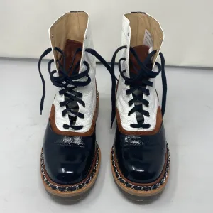 Chanel White Leather Brown & Black Chain Trim Boots
