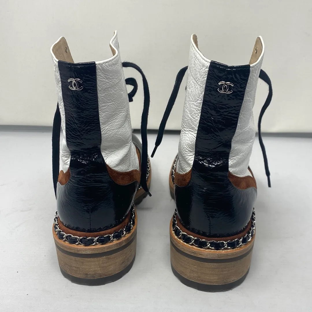 Chanel White Leather Brown & Black Chain Trim Boots