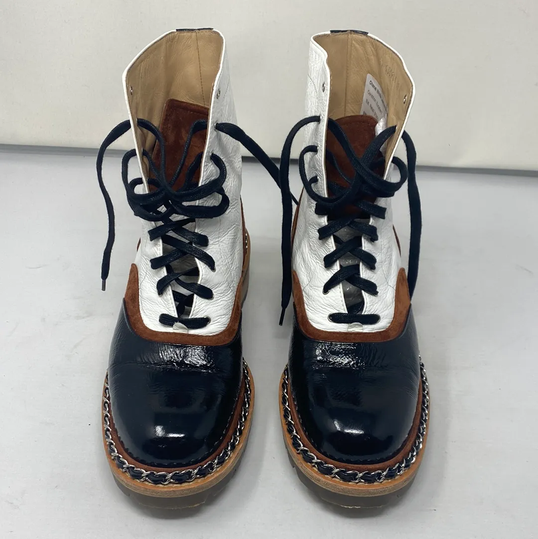 Chanel White Leather Brown & Black Chain Trim Boots