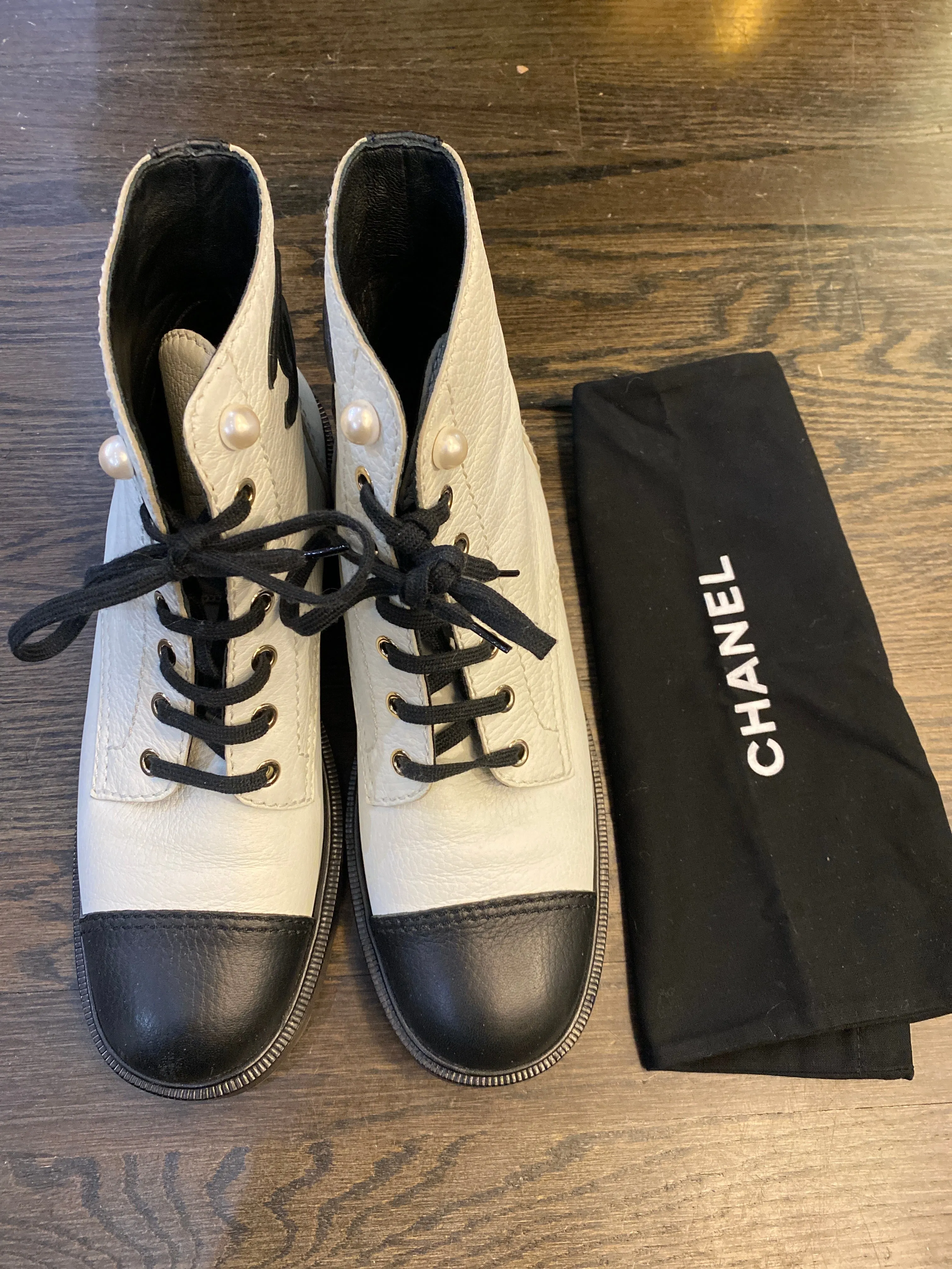 CHANEL White leather CC Lace Up Boot with Black Toe