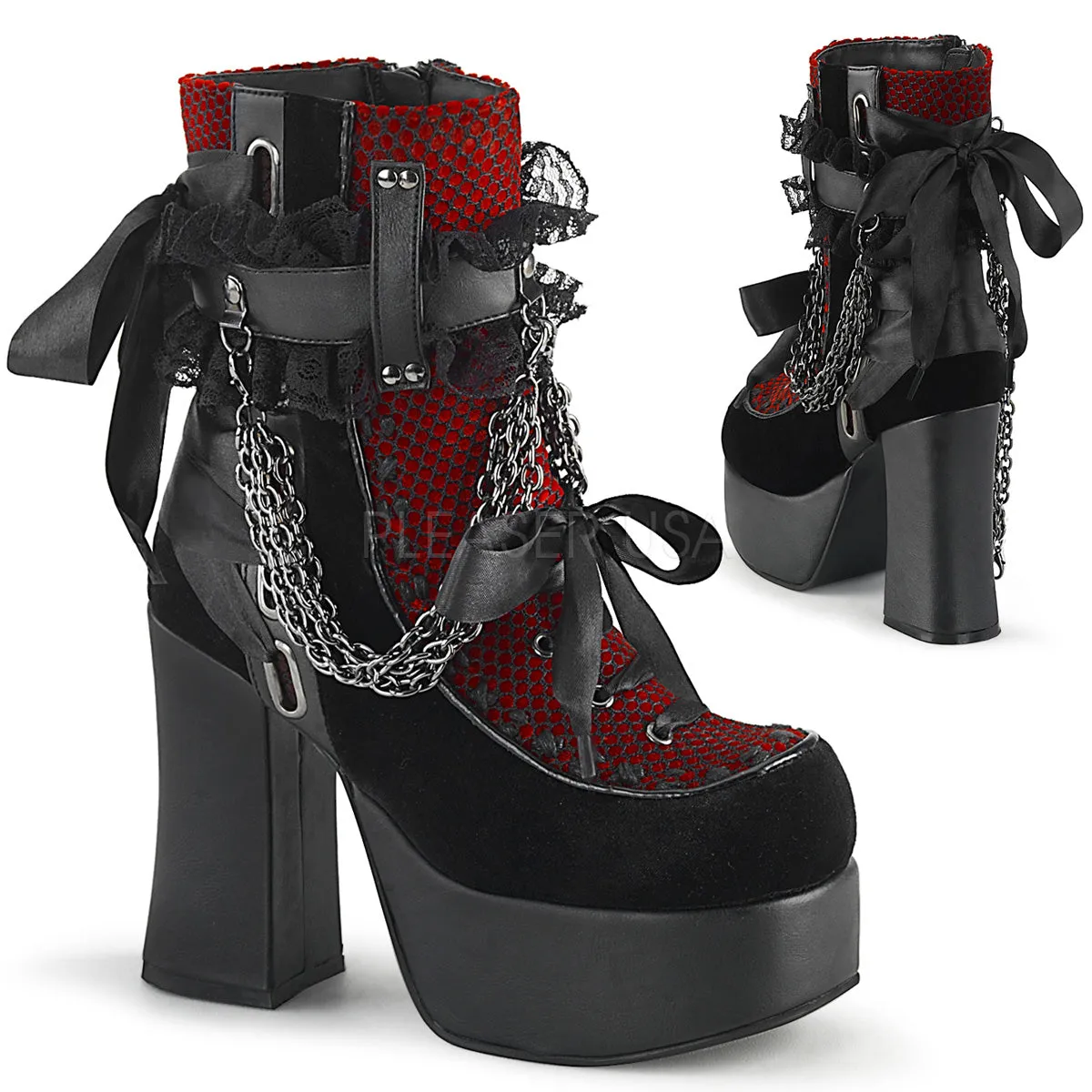 CHARADE-110  Black V. Le-Red-Black Velvet-Fishnet Overlay