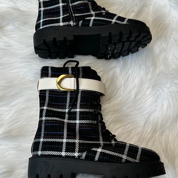Charles &amp; Keith Gabine Check-Print Lace-Up Ankle Boots kids US 2 age 7.5