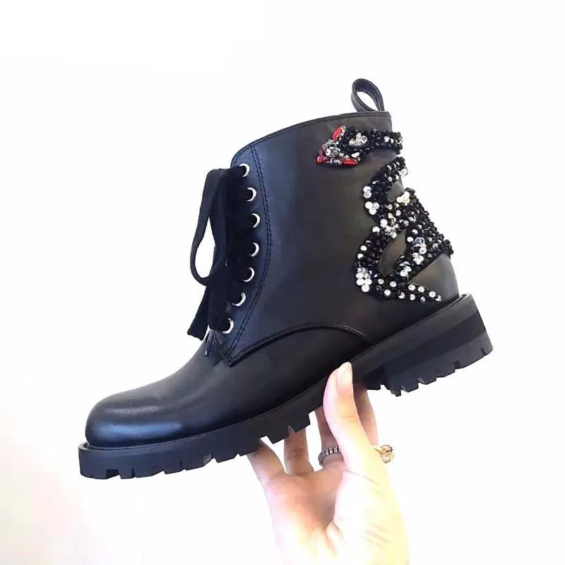 Classic Black Leather lace up Ankle Boots For Women Square heels Rhinestone Short Boots Comfortable Flat Winter Shoes Woman