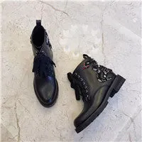 Classic Black Leather lace up Ankle Boots For Women Square heels Rhinestone Short Boots Comfortable Flat Winter Shoes Woman