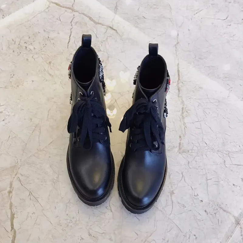 Classic Black Leather lace up Ankle Boots For Women Square heels Rhinestone Short Boots Comfortable Flat Winter Shoes Woman